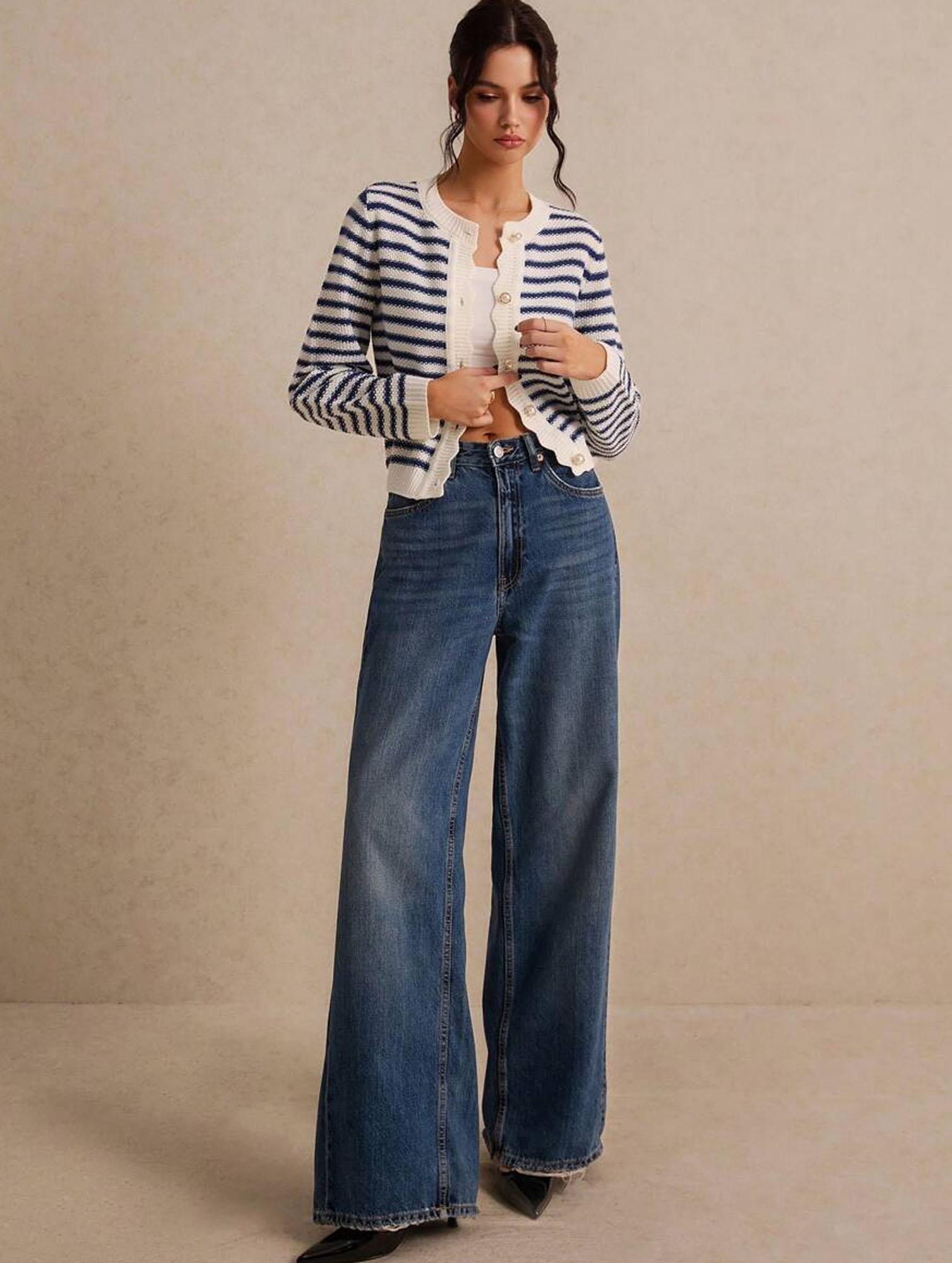 Kumikla Blue White Striped Knit Cardigan For Women