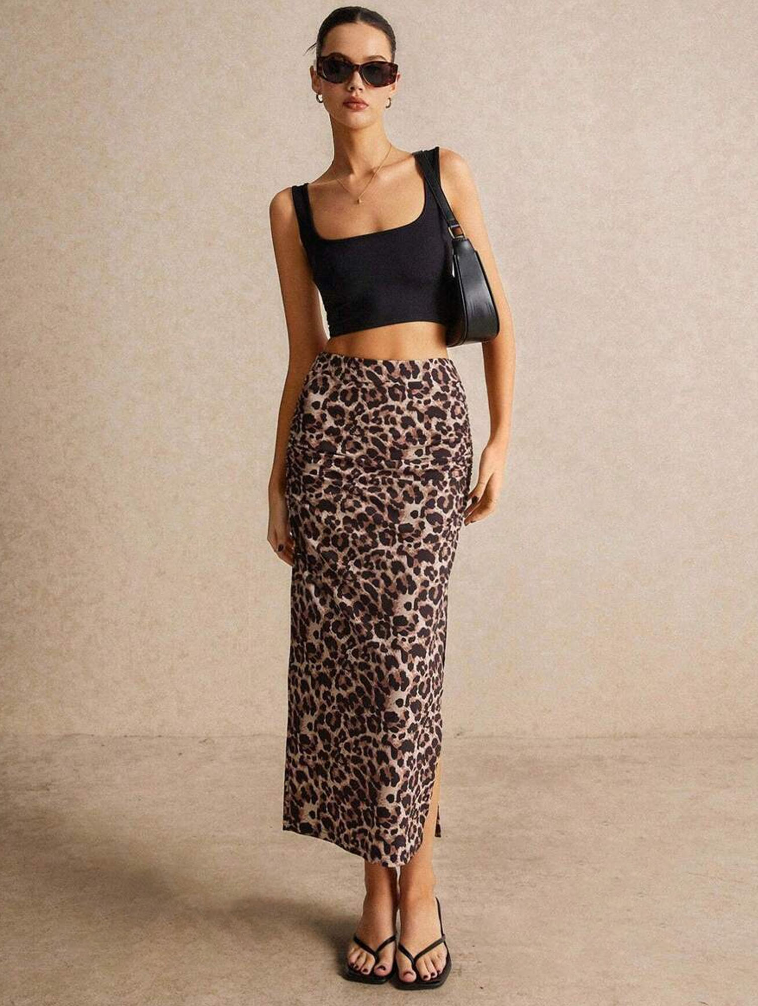 Kumikla High Waist Leopard Print Long Skirt With Ruched Detail