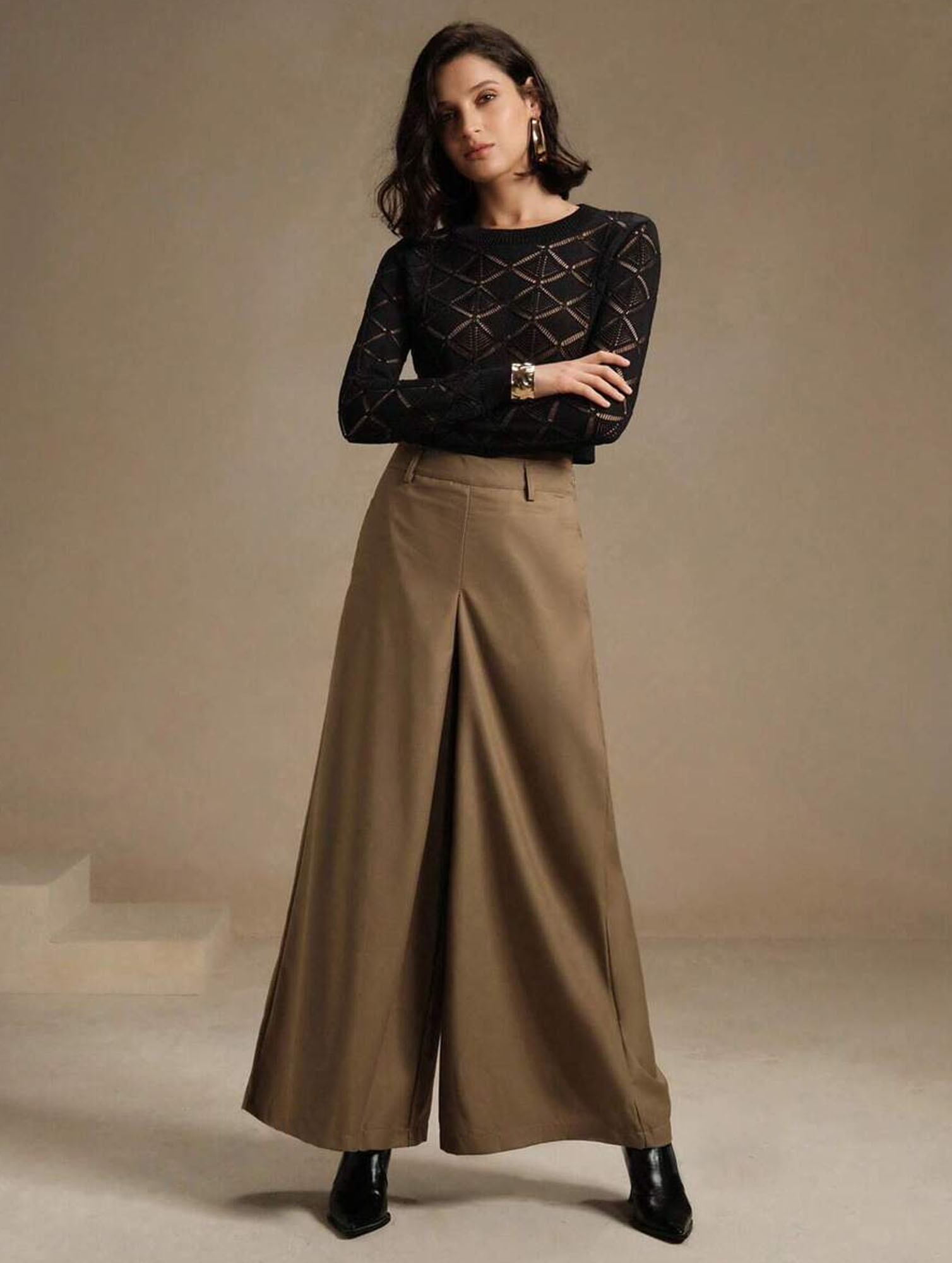 Kumikla Long Sleeve Black Sheer Knit Top Crop Loose Fit