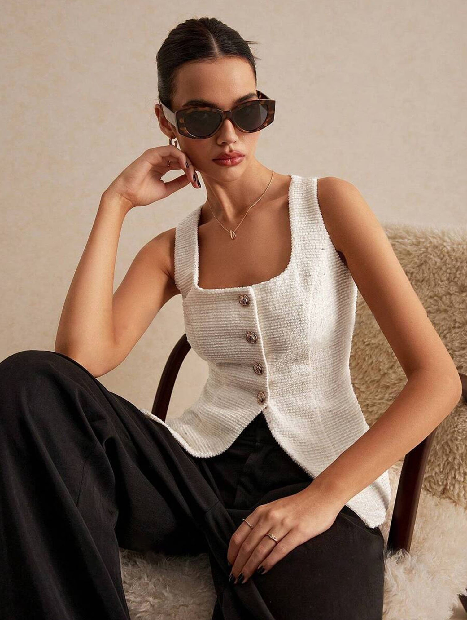 Kumikla Apricot Sleeveless Tweed Top Asymmetrical Square Neck Vest