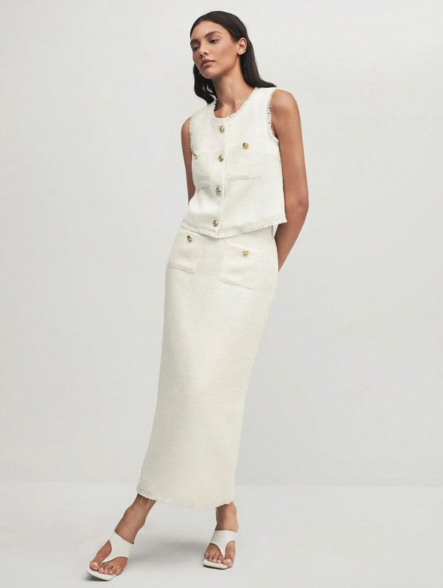 Kumikla White Tweed Matching Sleeveless Top And Long Skirt