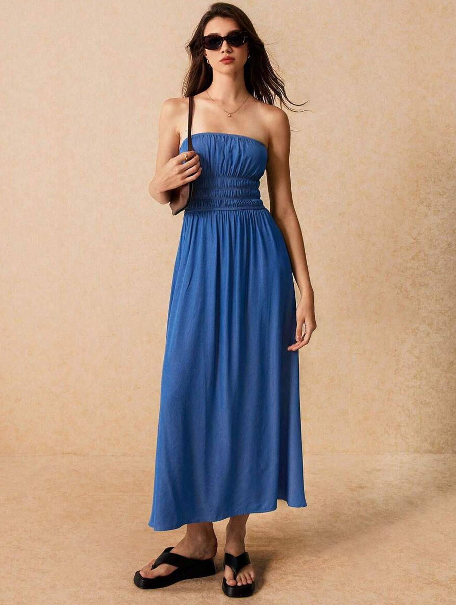 Kumikla Blue Strapless Summer Maxi Dress Sleeveless A-Line High Waist Gown